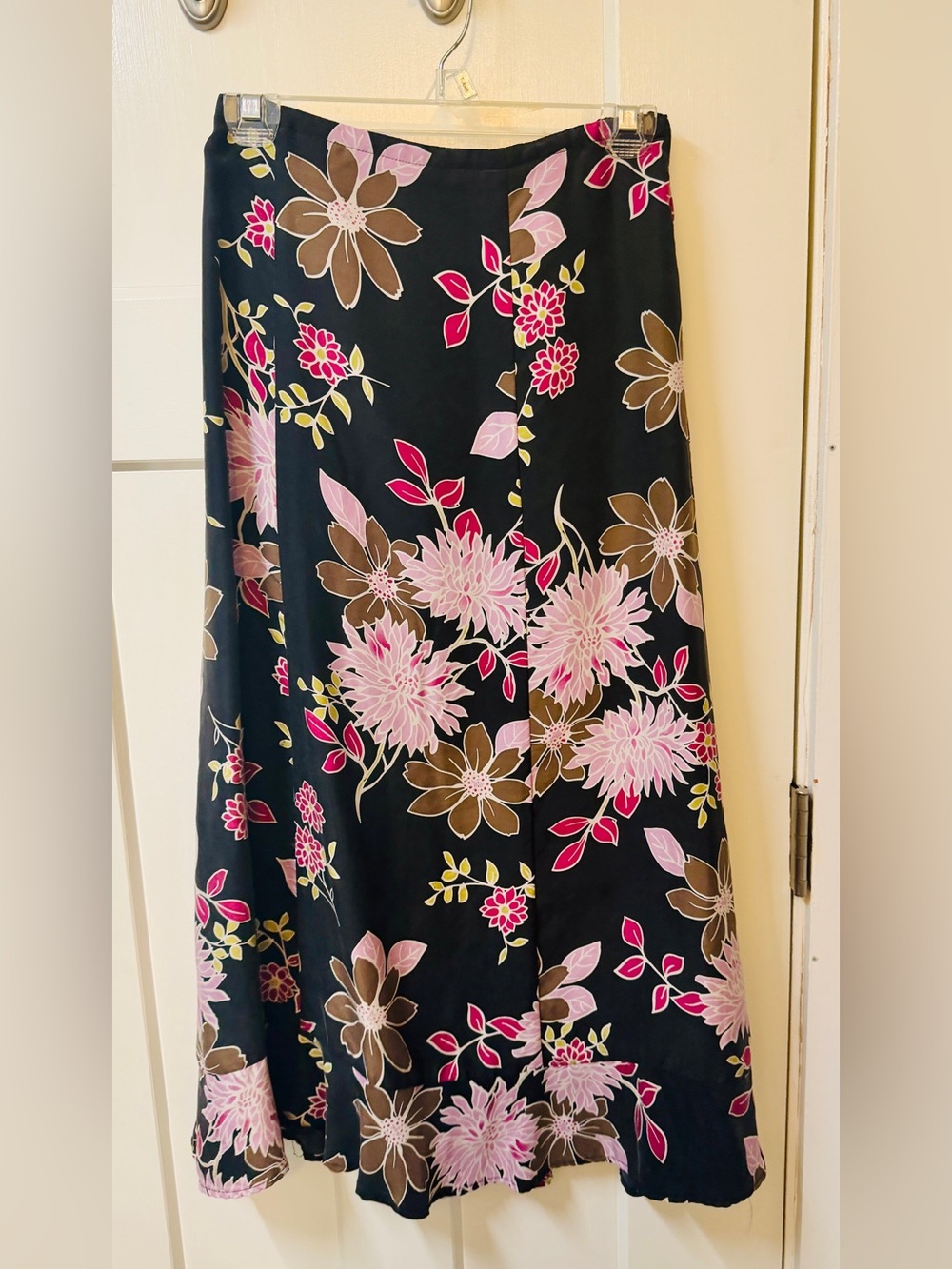 NWOT - 100% Silk Black Floral Midi Skirt with Pink and Brown Blooms
